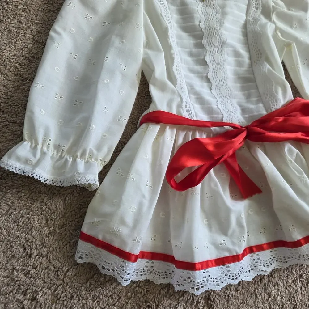 Vintage White Floral Peasant Dress Girls 4 Long Sleeve Red Roses 90s Communion